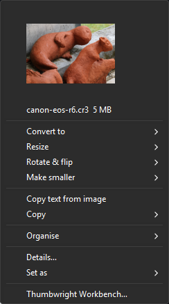 Thumbwright's popup menu in dark mode: a thumbnail of the selected camera RAW photo, then its name and size, then Convert to, Resize, Rotate and flip, Make smaller, Copy text from image, Copy, Organise, Details, Set as and Thumbwright Workbench.