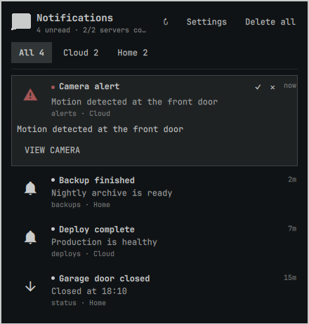 Omartfy panel showing a merged inbox from Cloud and Home ntfy servers