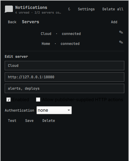 Omartfy server settings with two connected demo servers