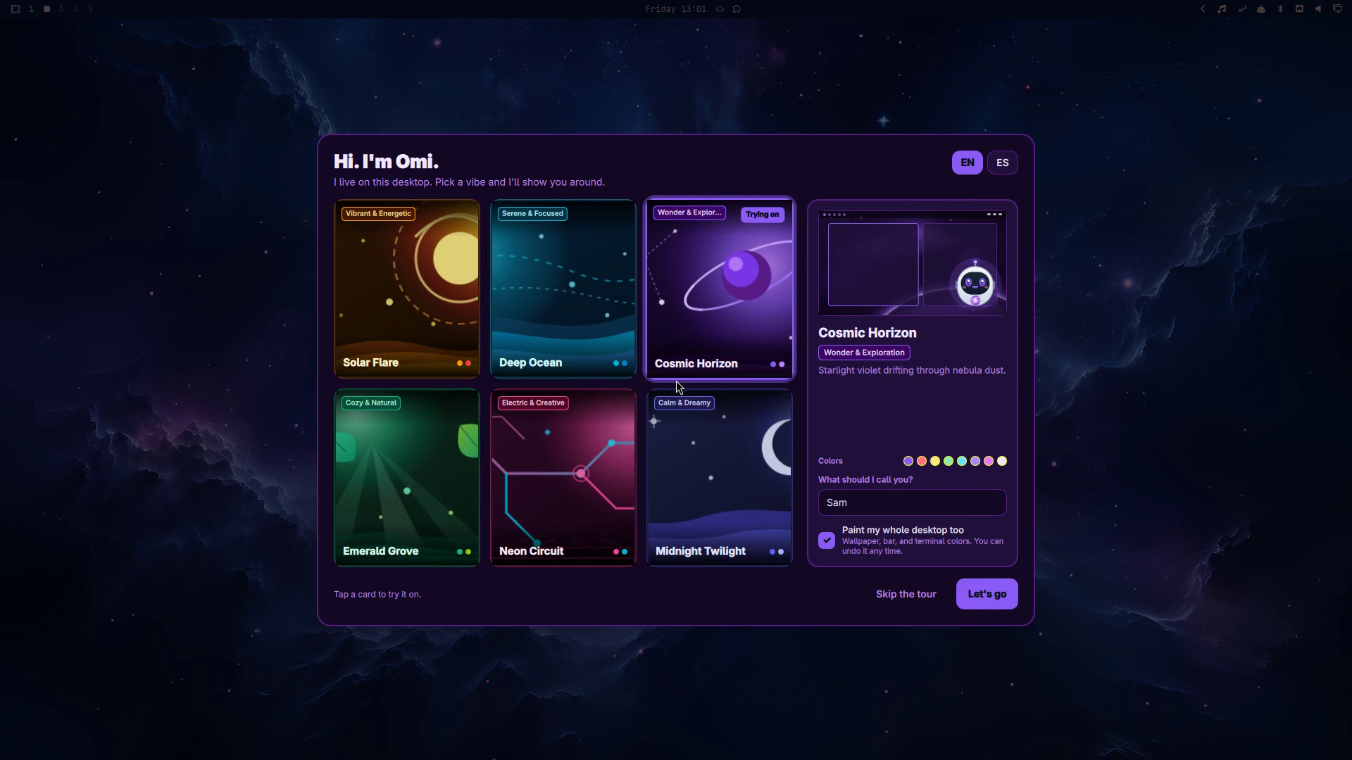 Omi's picker open over an Omarchy desktop: six vibe cards, a Cosmic Horizon preview with its palette, a name field reading Sam, and a checked box for painting the whole desktop.