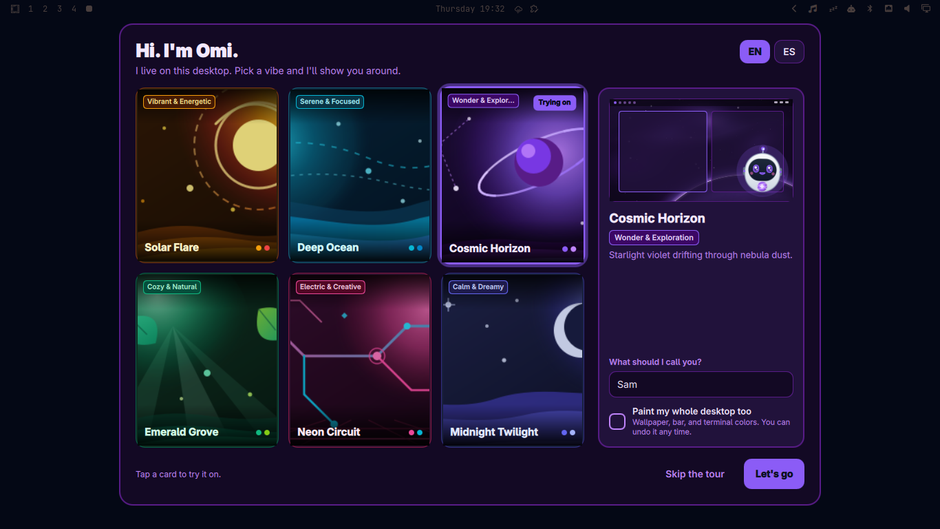 The Omi vibe picker with six theme cards, a live preview, a name field, and the checkbox Paint my whole desktop too.