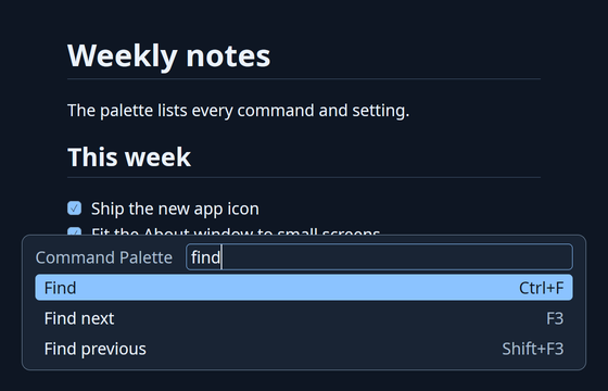 The command palette open over a document and filtered by the query 'find': Find, Find next and Find previous, each with its keyboard shortcut.