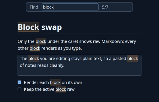 Find bar open with the query 'block': matches highlighted across the heading, a rendered paragraph, the raw paragraph being edited and the task list, a 5 of 7 counter in the bar.