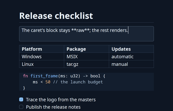 The same document in Tachyon's dark theme, which follows the system appearance.
