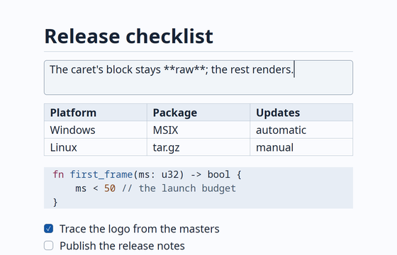 Tachyon's light theme. The caret sits in a paragraph, which shows its raw Markdown, while the heading, a table, highlighted Rust code and a task list around it are rendered.