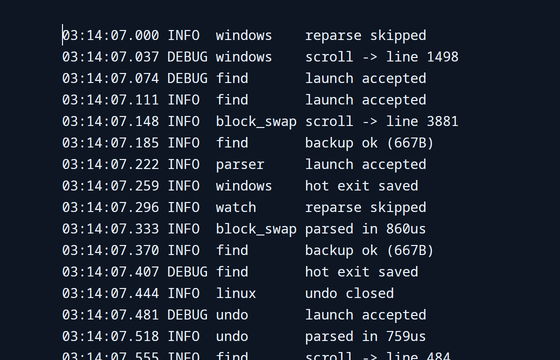 A 4,000-line synthetic log file open in plain-text mode: literal monospaced timestamped lines, no Markdown rendering applied anywhere.